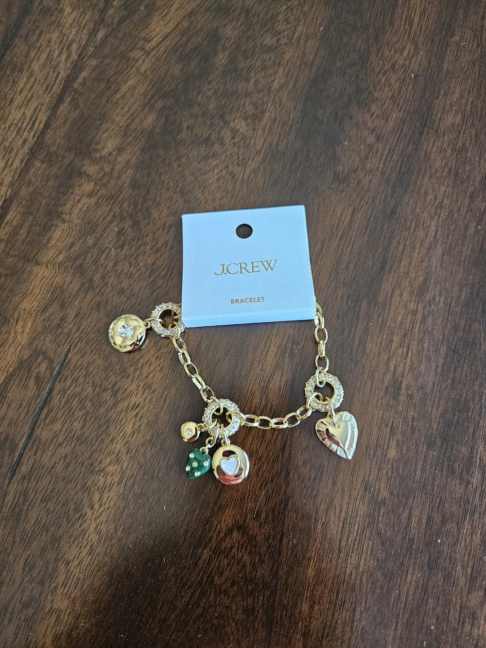 J.Crew Heart Charm Pave Double Chainlink Bracelet, Gold/ Green